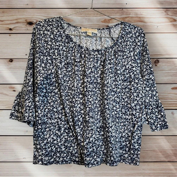 Michael Kors Blue Floral Print Ruffled Half Sleeve Top size Small - Picture 1 of 5